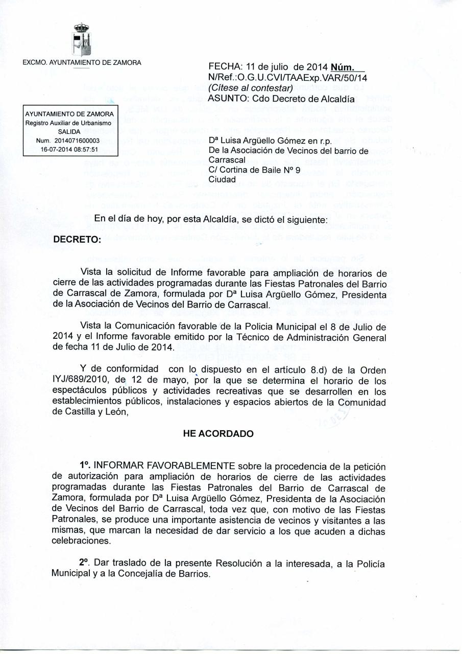 20140717 Decreto AlcaldÃ­a autorizaciÃ³n ampliaciÃ³n de horarios fiestas.pdf - página 1/2