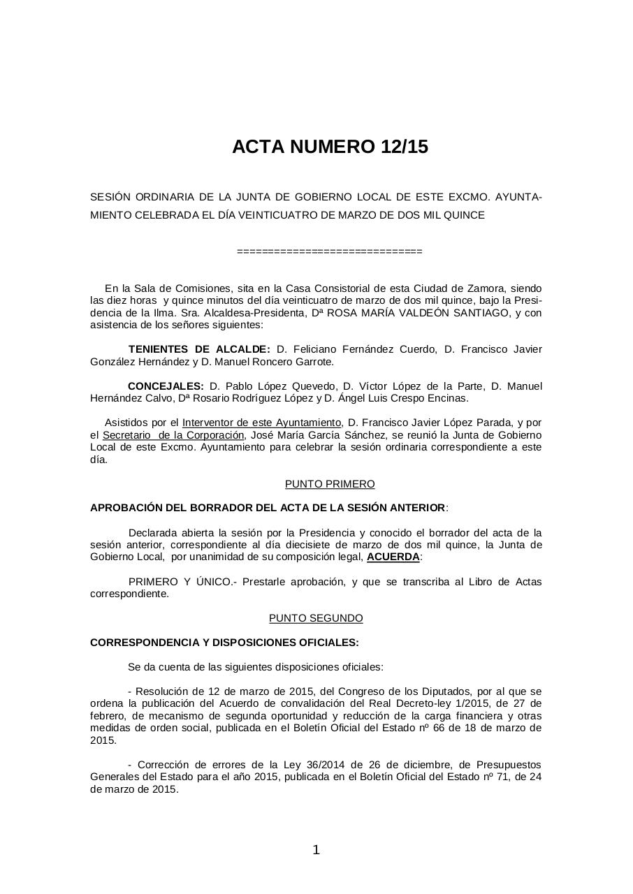 Acta NÂº 12-2015 Junta de Gobierno Local Ayto. Zamora 24-03-15 aprobada.pdf - página 1/5