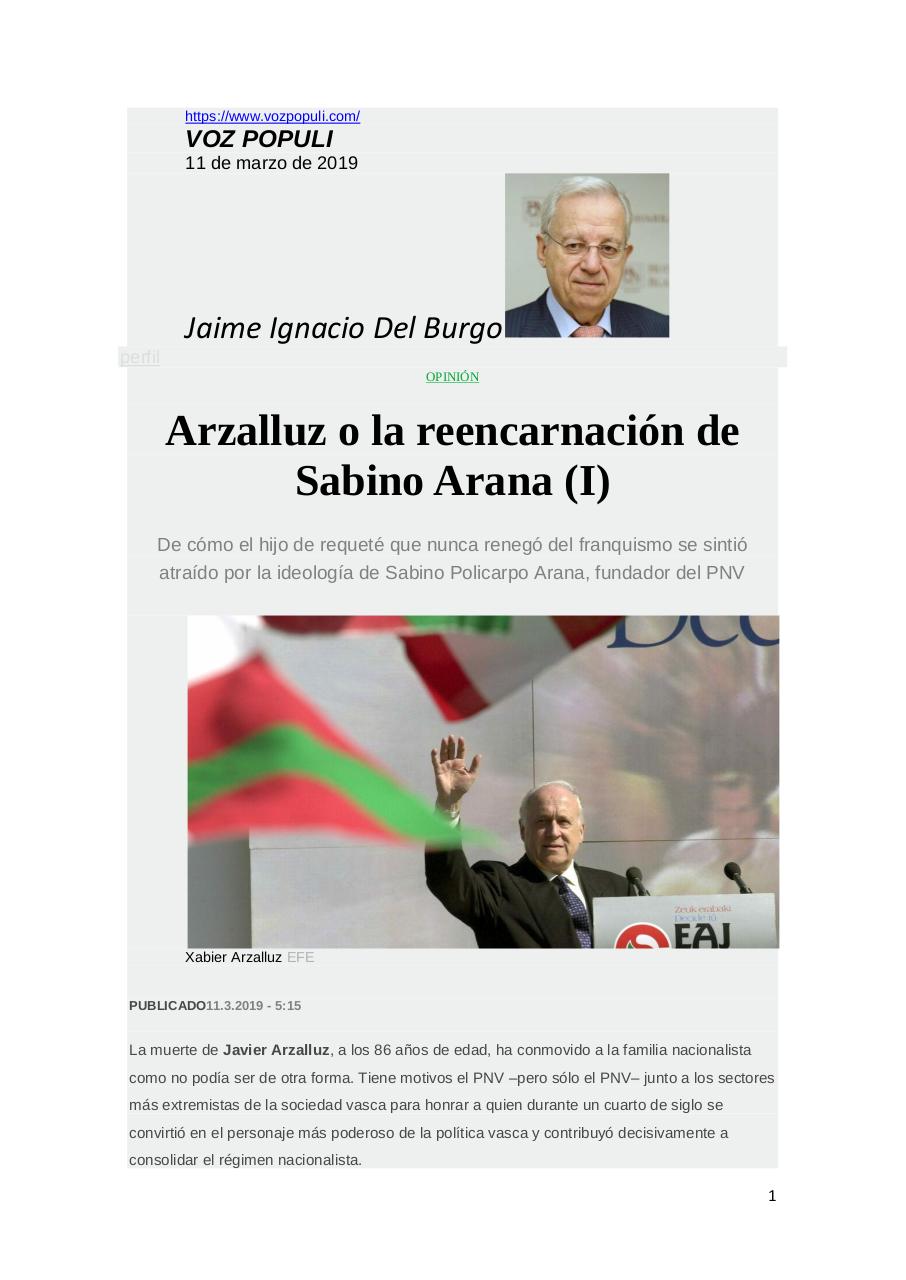 DEL BURGO JI- Arzallus o la reencarnaciÃ³n de Sabino Arana. Voz Populi, marzo 2019-.pdf - página 1/16